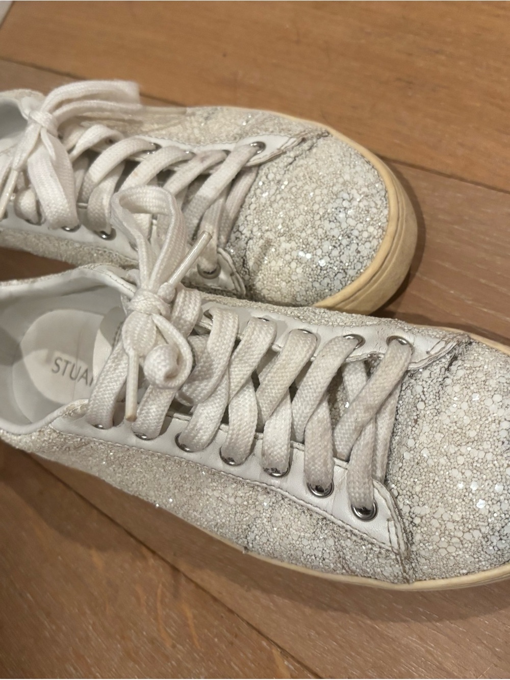 Stuart Weitzman Silver White Glitter Lace-Up Sneakers
